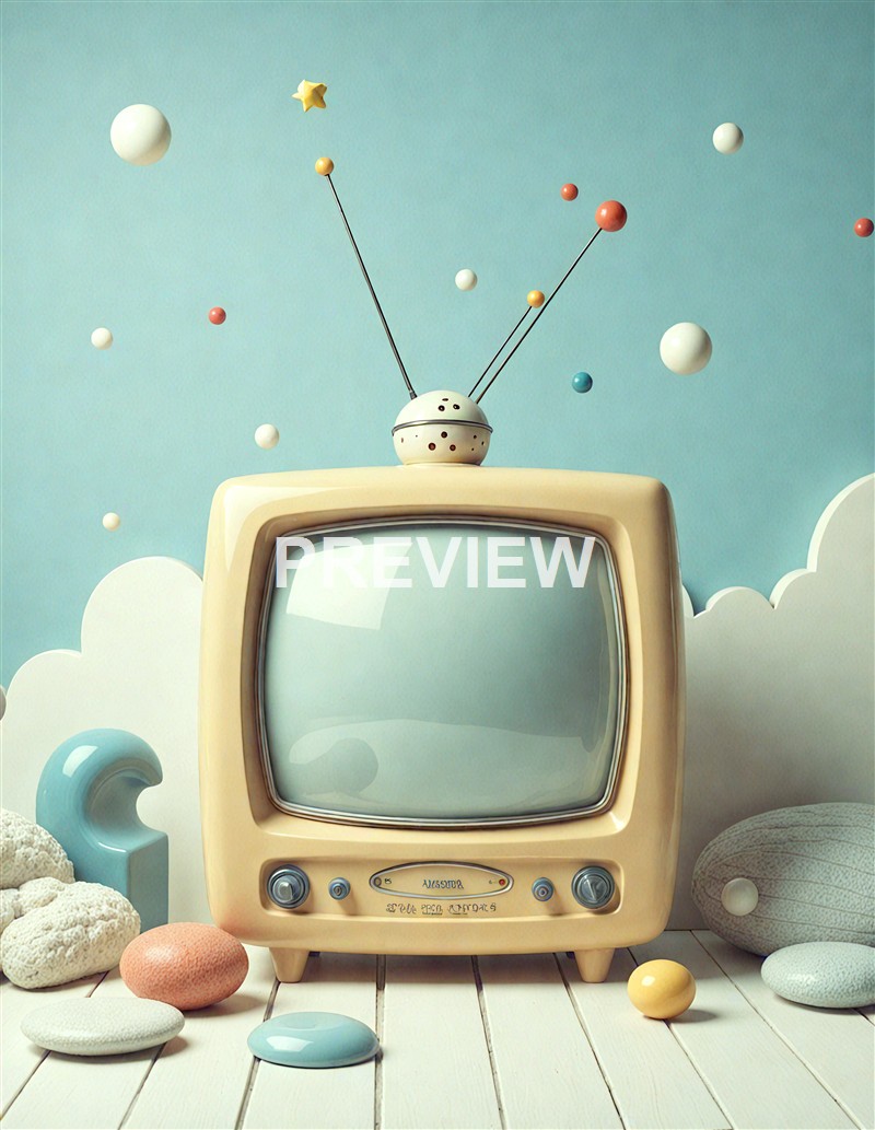 A vintage beige television set is placed on a white wooden surface, with a collection of colorful stones around it, and a toy-like structure with spheres and rods emerging from its top, set against a light blue background with cloud-like shapes.